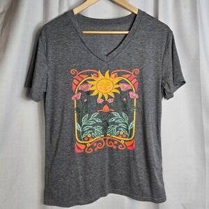 Womens Grey V Neck Graphic T Shirt Sun Floral Art Tee Size M‎